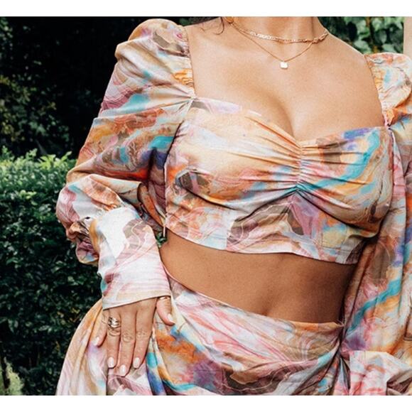 Festival Pastel Marble Boho Fairy Ruched Crop Blouse Long Sleeve 4 / Small NWT - Picture 4 of 10